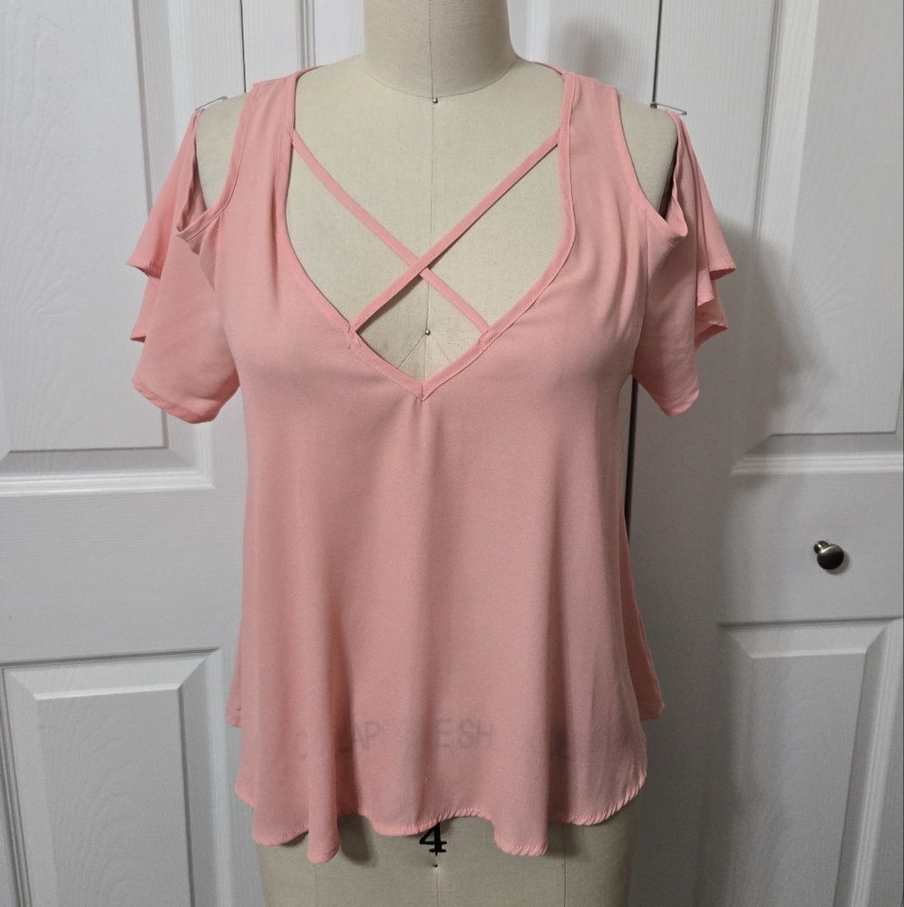 Coral Cold Sholder Criss Cross Straps Shirt, Small, lightweight, Excellent Cond